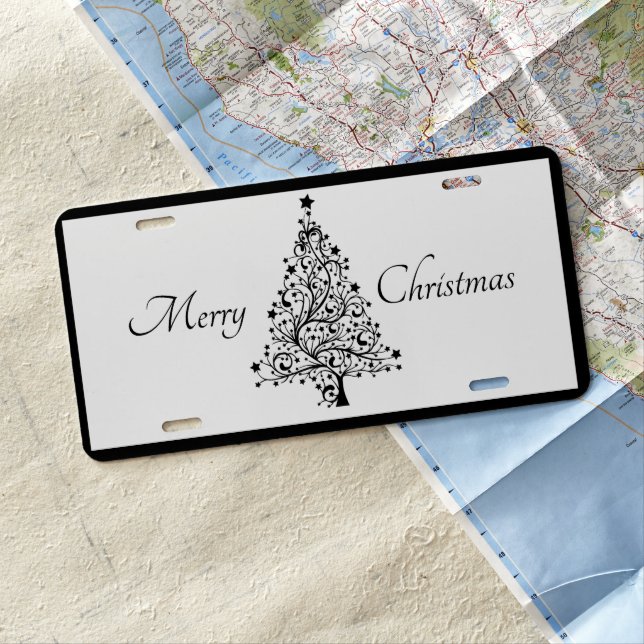 Dual Black and White Minimalistic Christmas Trees License Plate (In Situ)