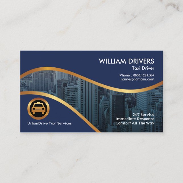 Dual Blue Waves Gold Fringe Taxi Driver Business Card (Front)
