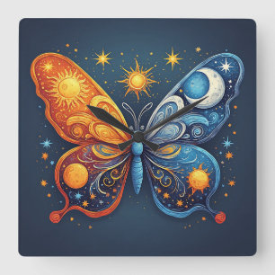 Dual-Colored Butterfly Over Bright Sun Square Wall Clock