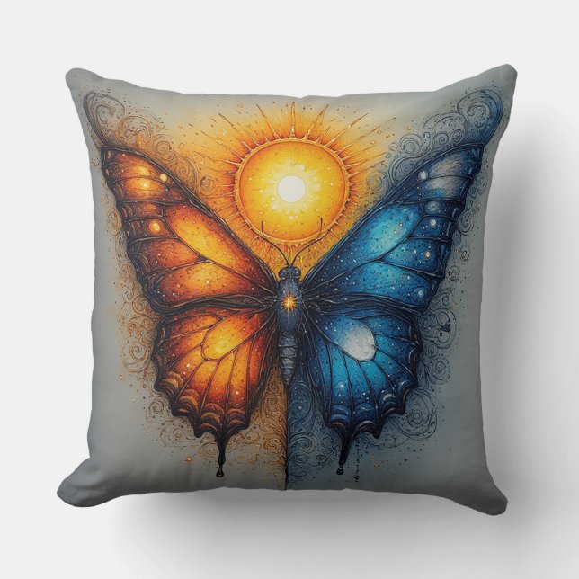 Dual-Colored Butterfly Over Bright Sun Throw Pillow (Front)