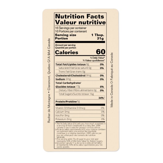 Dual English/French Honey Nutrition Facts Product Label (Front)