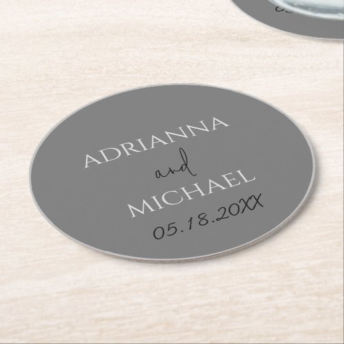 Dual Gray Couples Name  Date Circle Round Paper Coaster