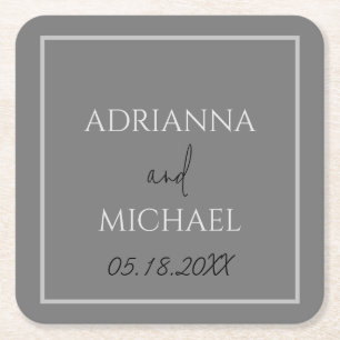 Dual Gray Wedding Couple's Name and Date White Square Paper Coaster