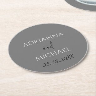 Dual Gray Wedding Couple's Name & Date Circle Round Paper Coaster