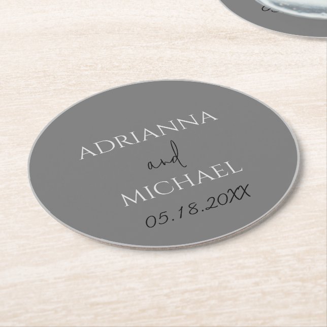 Dual Gray Wedding Couple's Name & Date Circle Round Paper Coaster (Angled)