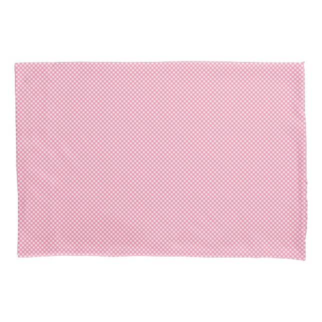 Dual images of a rectangular pink gingham-patterne pillow case (Front)