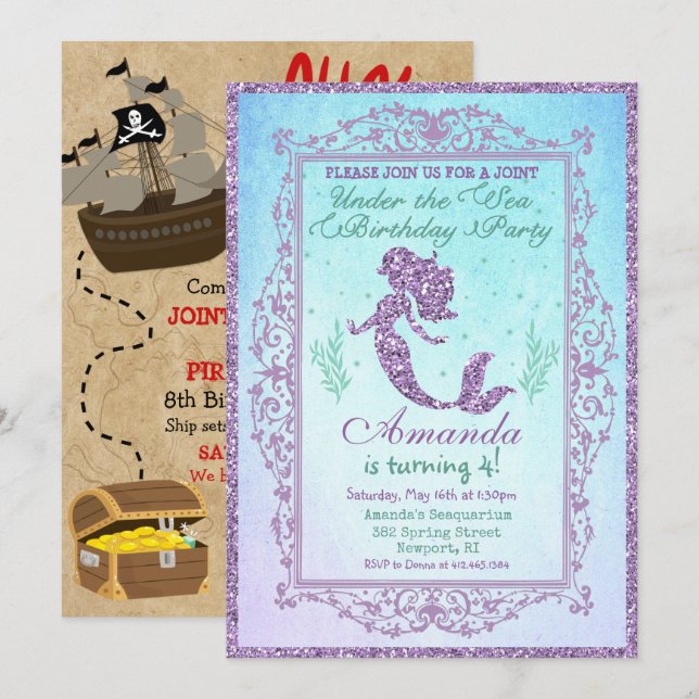 DUAL INVITE - Mermaid and Pirate Birthday Invite (Front/Back)