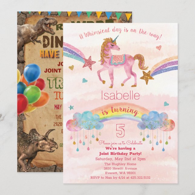 DUAL INVITE - Unicorn and Dinosaur Birthday Invite (Front/Back)