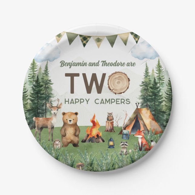 Dual Joint Double Camping Birthday Party Paper Plates (Front)