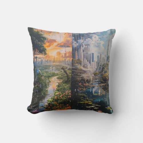 Dual Landscape Nature and Futuristic Cityscapes i Throw Pillow