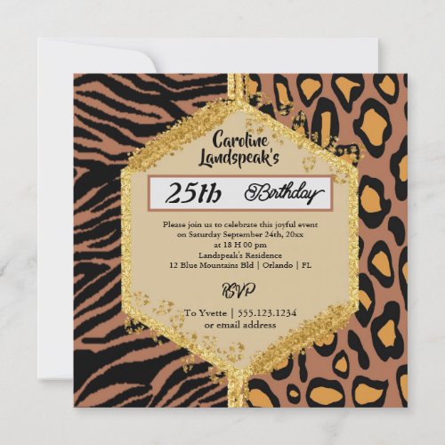 Dual Leopard Zebra Prints  Glitter Birthday Invitation