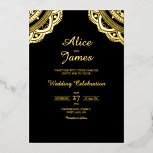 Dual Mandala Arch Elegant Black Gold Foil Wedding Invitation