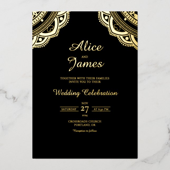 Dual Mandala Arch Elegant Black Gold Foil Wedding Invitation (Front)