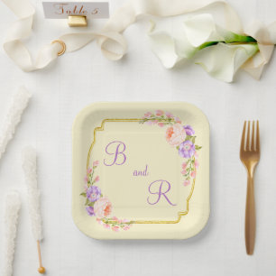 Dual Monogram Flower Frame Casual Wedding  Paper Plates