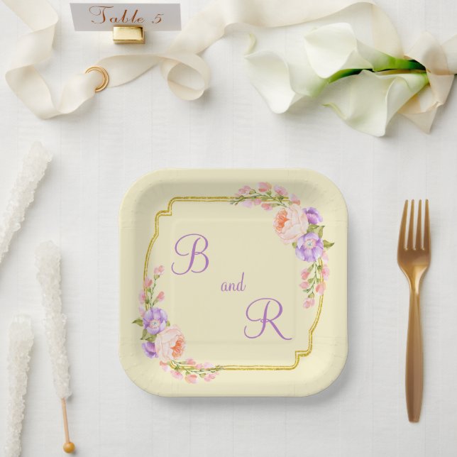 Dual Monogram Flower Frame Casual Wedding  Paper Plates (Wedding)