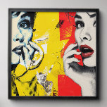 Dual pop art portrait  peel and stick photo tile<br><div class="desc">Two women are depicted in a vibrant,  pop art style,  one in shades of blue and yellow and the other in grayscale with bold red lipstick. The background features a mix of abstract patterns in red and yellow tones.</div>