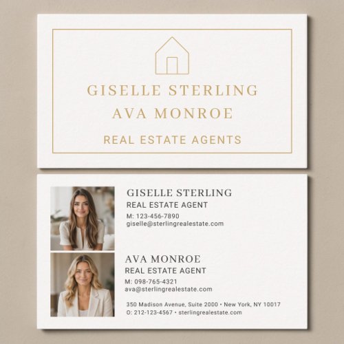 Dual Real Estate Agent Neutral Gold Two Photo Business Card