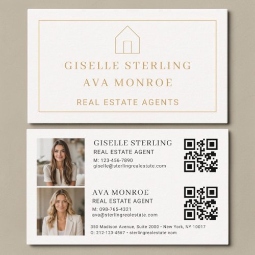 Dual Real Estate Agent Neutral QR Code Two Photo Business Card