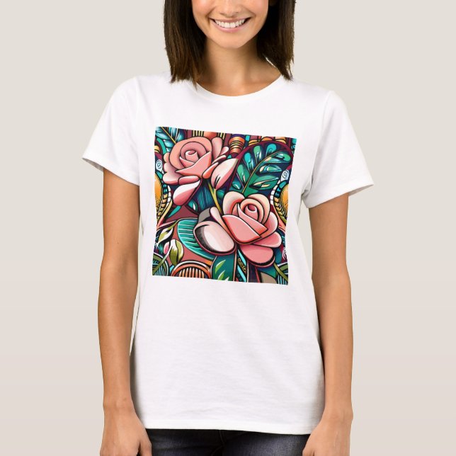 Dual Roses: A Patterned Floral Arrangement T-Shirt (Front)