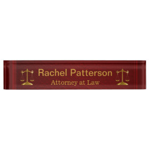 Dual Scales of Justice on Rustic Red Leather Desk Name Plate