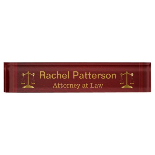 Dual Scales of Justice on Rustic Red Leather Desk Name Plate