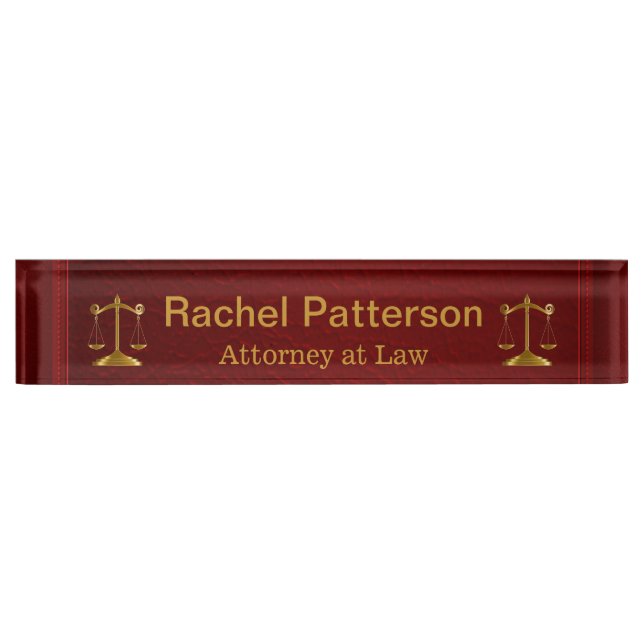 Dual Scales of Justice on Rustic Red Leather Desk Name Plate (Front)