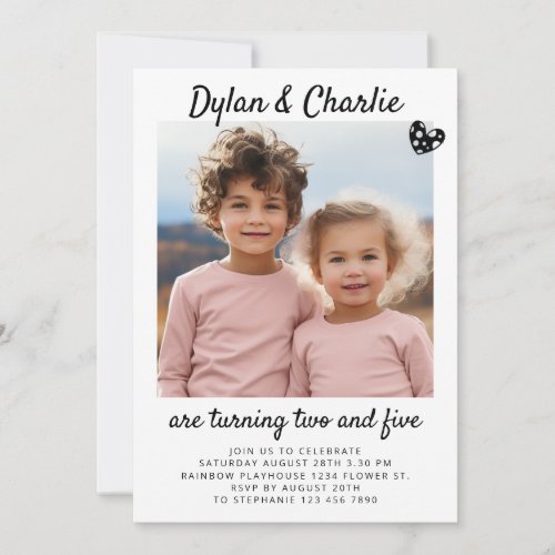 Dual Sibling Portrait Photo Minimal Boho Birthday Invitation