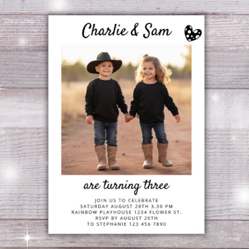 Dual Sibling Portrait Photo Minimal Boho Birthday Invitation