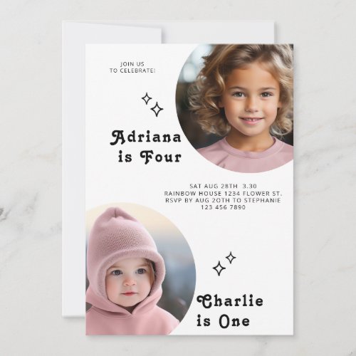 Dual Sibling Portrait Photo Minimal Boho Birthday Invitation