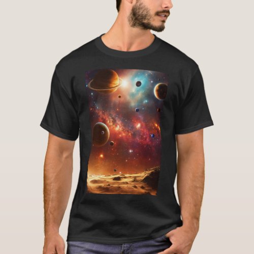 Dual_Sided Cosmic Ballet Planets Moon T_Shirt