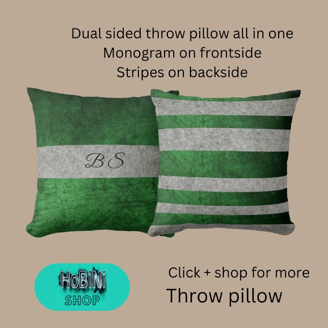 dual sided green grey & monogram & stripes throw pillow (Dual sided throw pillow all in one
Monogram on frontside
Stripes on backside)
