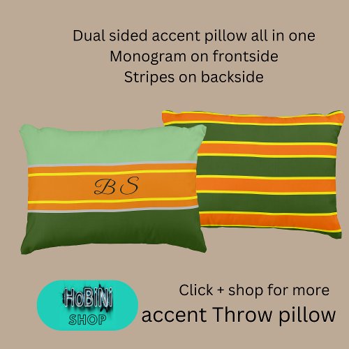 dual sided sage green orange hues monogram stripe accent pillow