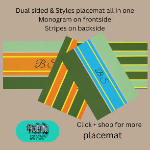 dual sided sage green orange hues monogram stripe placemat