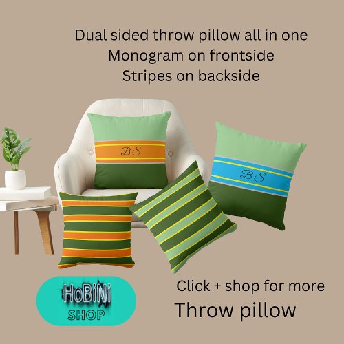 dual sided sage green orange hues monogram stripe throw pillow