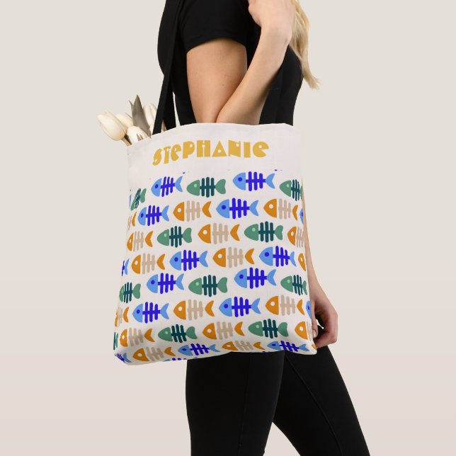 Dual Tone Cute Fish Bone Pattern Name Tote Bag (Close Up)