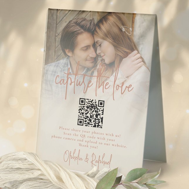 Dual Tone Photo Capture the Love QR Wedding  Table Tent (Fliip for the opposite colorway on the other side so you can display either way round)
