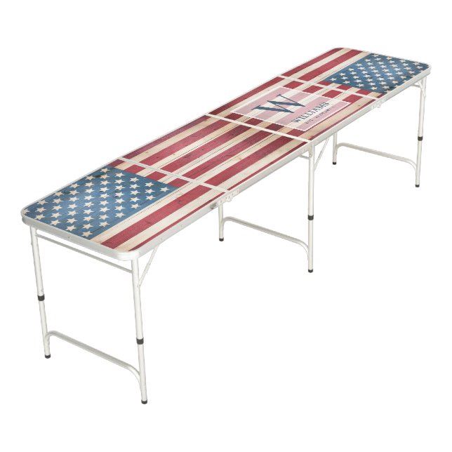 Dual Wood Styled American Flags | Family Monogram Beer Pong Table (Angled)