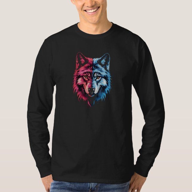 Duality Wolf - Red and Blue Spirit Art T-Shirt (Front)