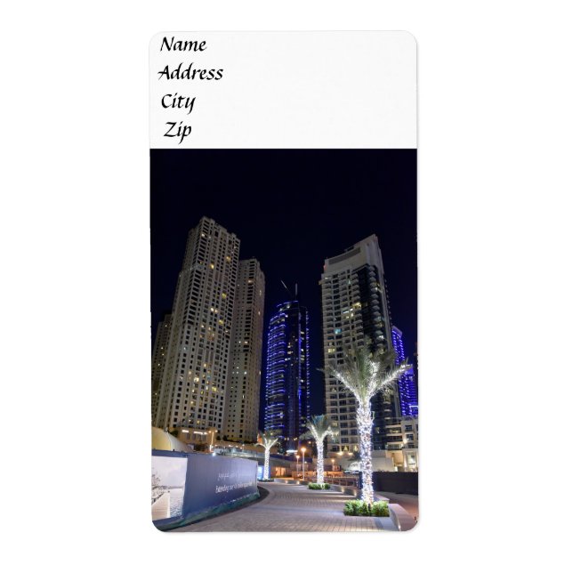 Dubai architecture at night label (Front)