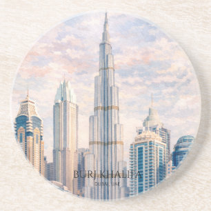 Dubai Burj Khalifa Luxury City Skyline Watercolor Coaster
