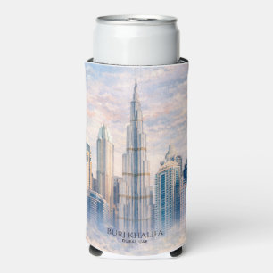 Dubai Burj Khalifa Luxury City Skyline Watercolor Seltzer Can Cooler