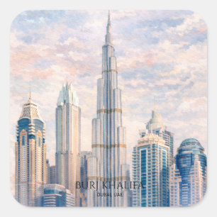 Dubai Burj Khalifa Luxury City Skyline Watercolor Square Sticker
