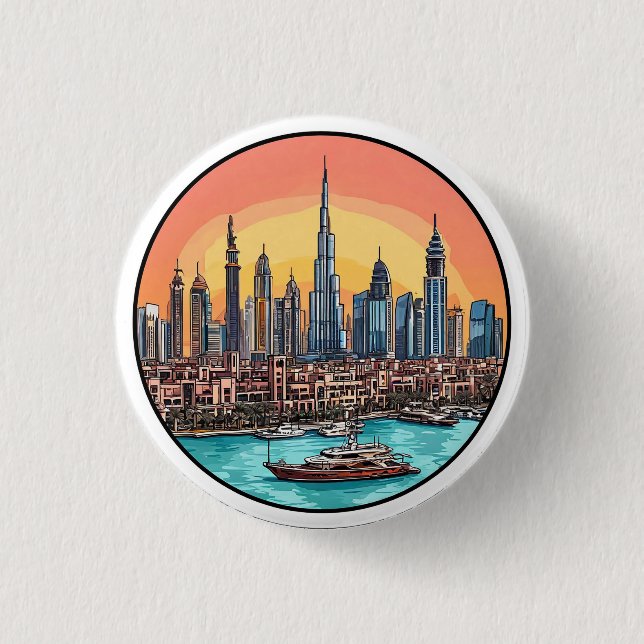 Dubai City Skyline with Towering Skyscrapers Button (Front)