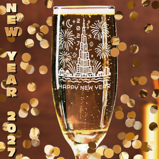 Dubai Fireworks Happy New Year 2027 engraved Champagne Flute