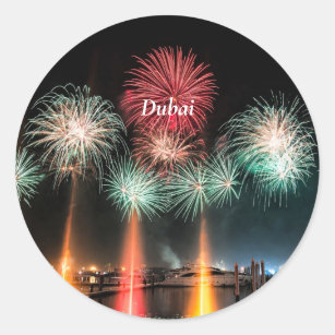 Dubai fireworks, labeled, classic round sticker