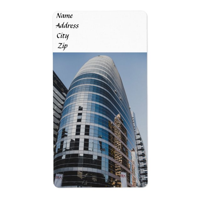 Dubai glass skyscraper label (Front)