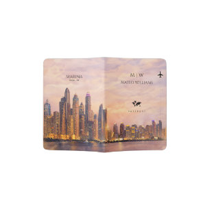 Dubai Marina Skyline Watercolor City Lights Travel Passport Holder