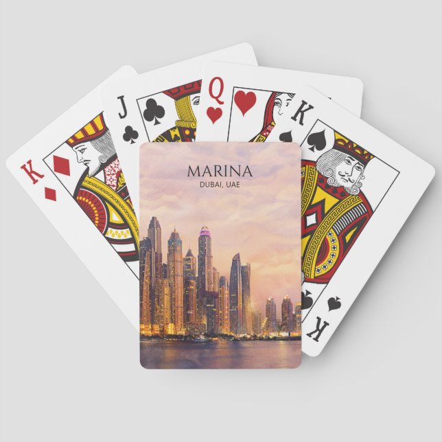 Dubai Marina Skyline Watercolor City Lights Travel Poker Cards (Back)