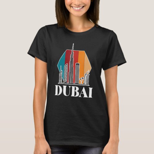 Dubai Retro Skyline Burj Khalifa United Arab Emira T_Shirt