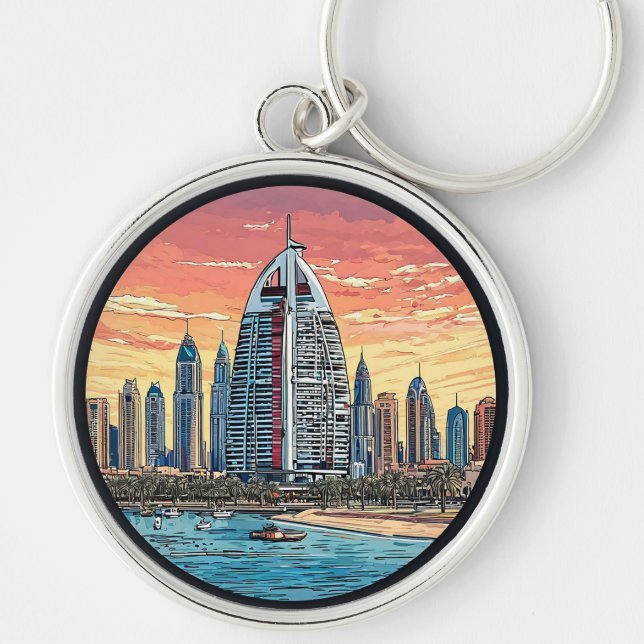 Dubai Skyline at Evening with Iconic Tower Keychain (Front)